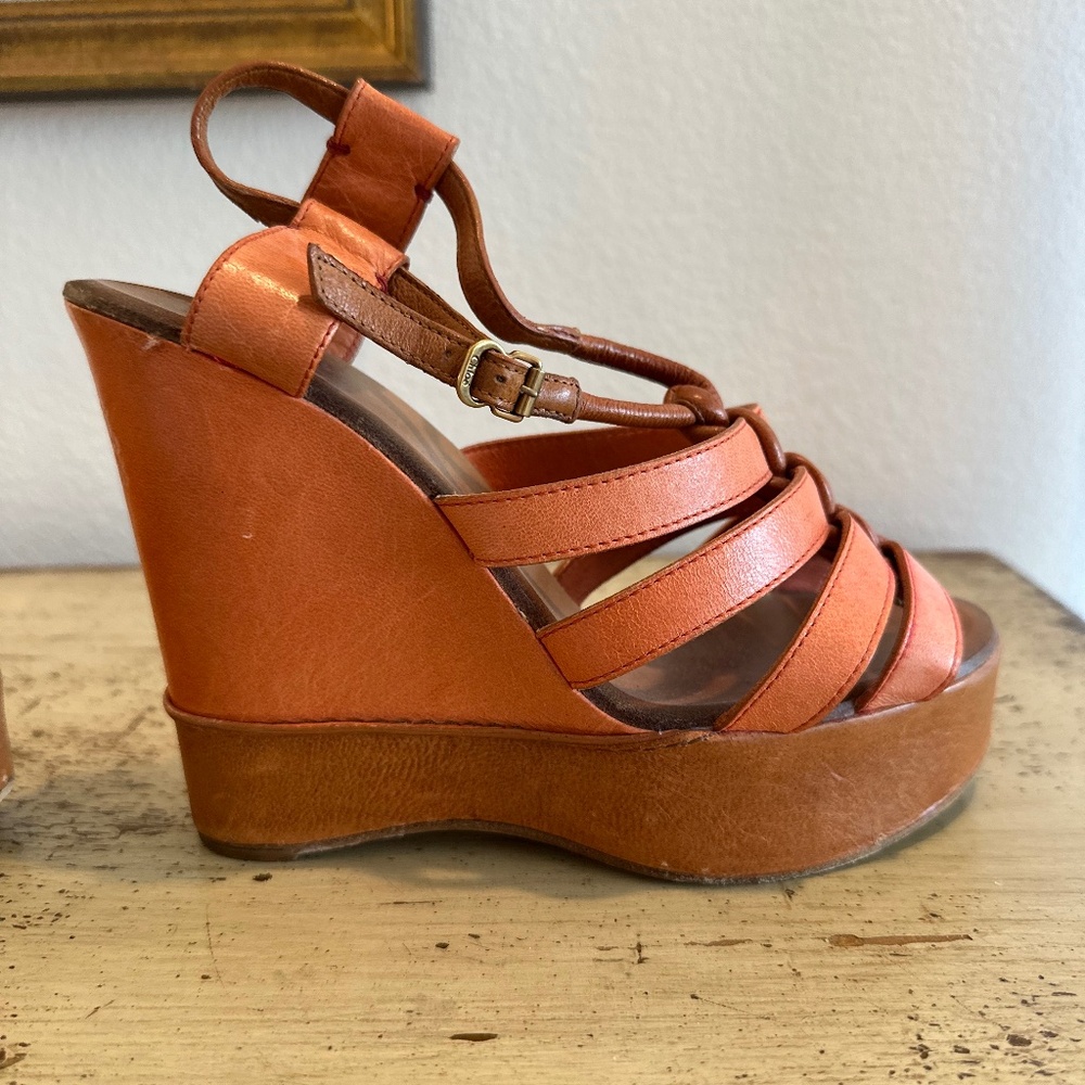 Chloe Shoes | Chloe Leather Cage Wedges Sandal | Color: Orange/Tan | Size 39
